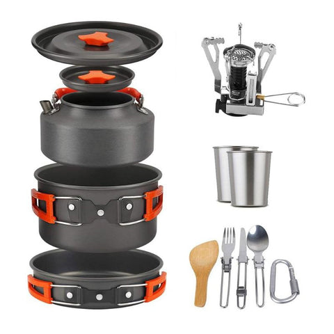 1Set Outdoor Pots Pans Camping Cookware Picnic Cooking Set Non-Stick Tableware with Stove Spoon Fork Knife Kettle for 2-3 Person