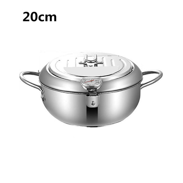 20/24cm Japanese Deep Frying Pot with a Thermometer and a Lid 304 Stainless Steel Kitchen Tempura Fryer Pan