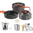 1Set Outdoor Pots Pans Camping Cookware Picnic Cooking Set Non-Stick Tableware with Stove Spoon Fork Knife Kettle for 2-3 Person