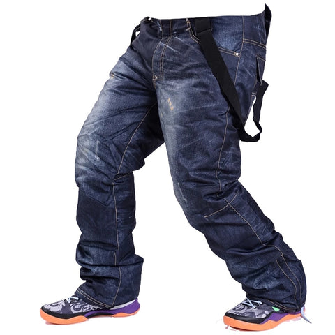 Mens Snow Pants Outdoor Sports Wear Strap Trousers Snowboard Clothing Waterproof Windproof Winter Ski Suit Bibs Denim Style