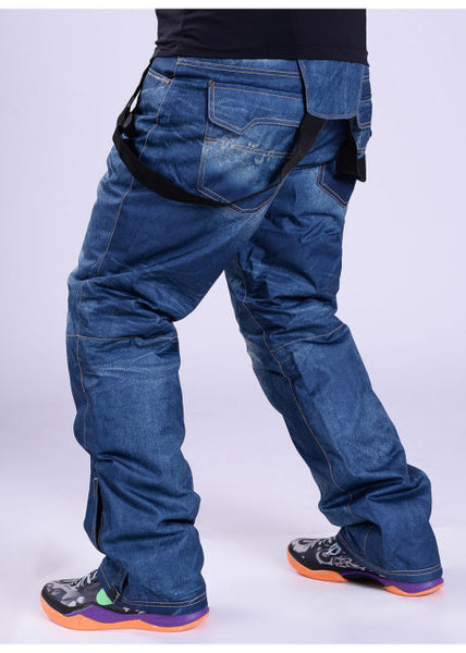 Mens Snow Pants Outdoor Sports Wear Strap Trousers Snowboard Clothing Waterproof Windproof Winter Ski Suit Bibs Denim Style