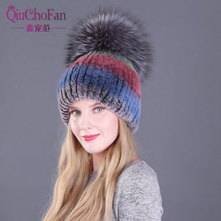Winter Rex Rabbit Fur Hats For Women Beanies Top Knitted With Fox Fur New Brand Casual Good Quality Caps