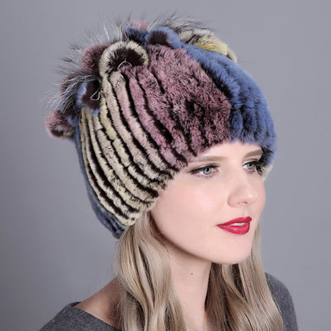 2021 Russia Hot Sale Winter Real Fur Beanies Hat Women 100% Genuine Real Rex Rabbit Hat Good Elastic Knitted Rex Rabbit Fur Caps