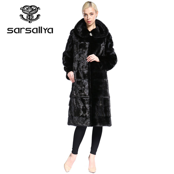SARSALLYA Real Fur Style Fashion Fur Coat Genuine Leather Mandarin Collar Good Quality Mink Fur Coat Women Natural Black Coats