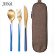 JueQi Dinnerware Set Stainless Steel Plating Gold Blue Black Knife Fork Tableware Cutlery Western Food Camping Tableware Bag