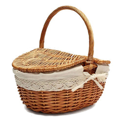 Handmade Wicker Basket with Handle, Wicker Camping Picnic Basket with Double Lids, Shopping Storage Hamper Basket with Cloth Lin