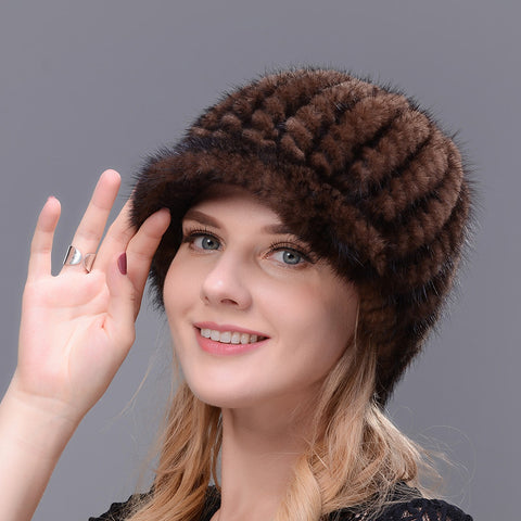 Real Fur Cap Knitted Natural Mink Fur Cap For Women Winter Avoid Wind And Snow Good Quality Female Mink Peaked Cap Ear Warm