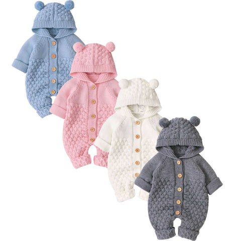 6-24M Newborn Baby Knitted Sweater Autumn Winter Romper Boys Girls Hooded Bear EarJumpsuits Jackets