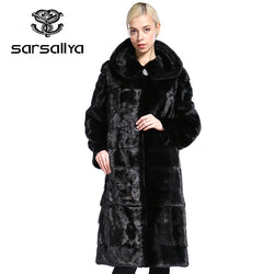 SARSALLYA Real Fur Style Fashion Fur Coat Genuine Leather Mandarin Collar Good Quality Mink Fur Coat Women Natural Black Coats
