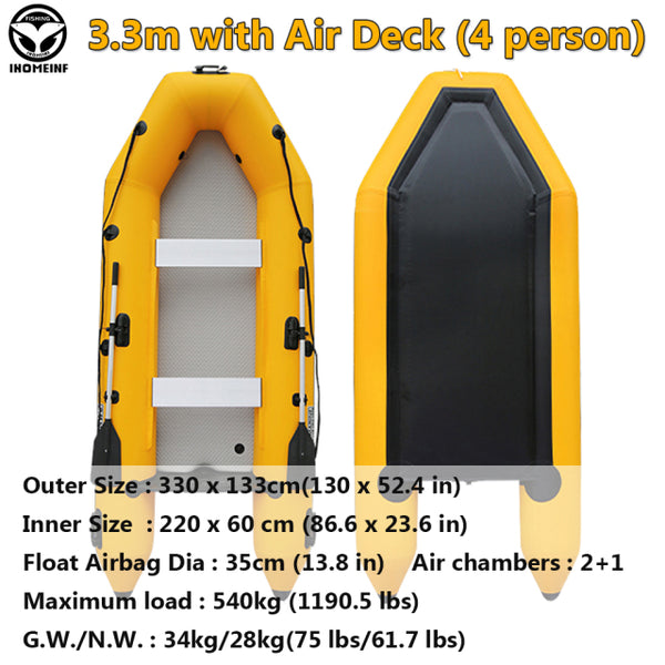 4 Person Inflatable Fishing Boat 3.3m Assault Kayak With Laminated Air Deck For Outdoor Water Sports 0.9mm PVC Dinghy Rowing