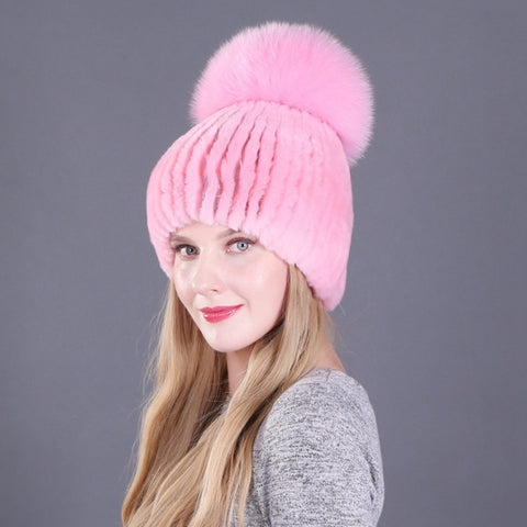 Winter Rex Rabbit Fur Hats For Women Beanies Top Knitted With Fox Fur New Brand Casual Good Quality Caps